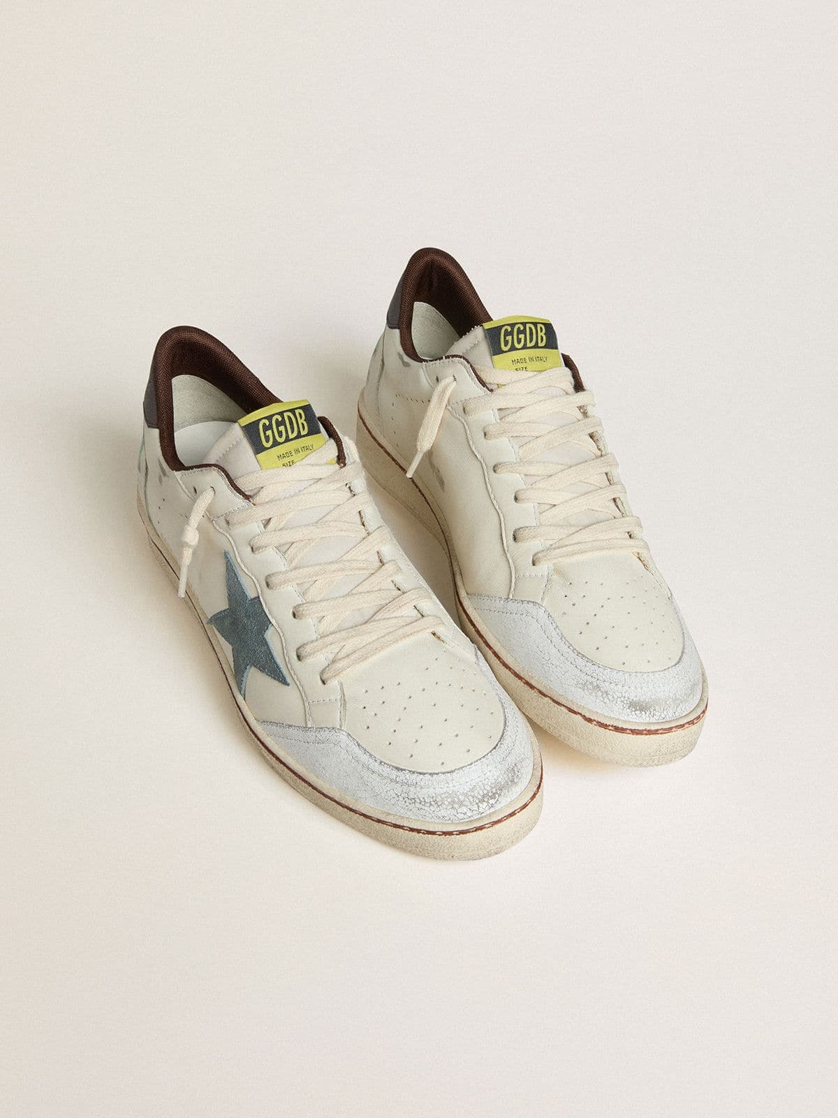 Golden Goose - Men's Ball Star in white leather with light blue suede star and brown nubuck heel tab in 