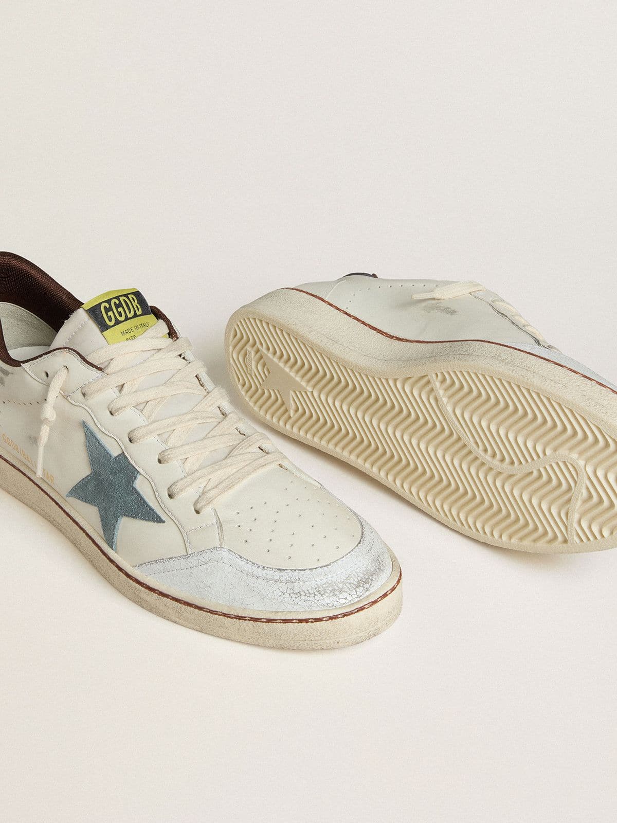 Golden Goose - Men's Ball Star in white leather with light blue suede star and brown nubuck heel tab in 