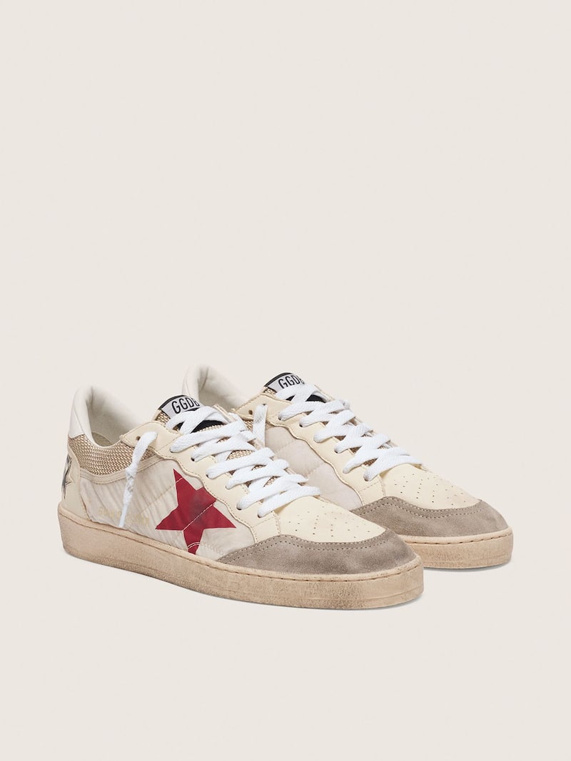 Golden Goose - Ball Star in nylon e rete bianca con stella in nylon rossa e talloncino in pelle bianca in 