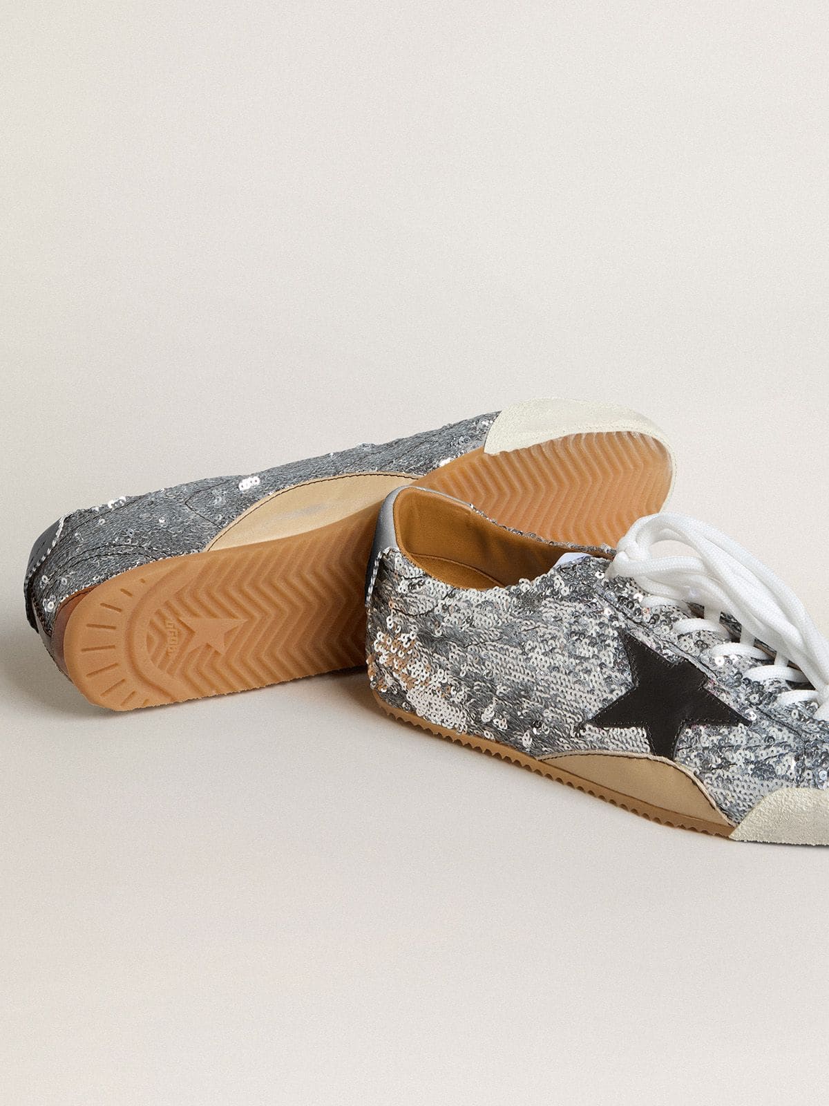 Golden Goose - Men's True-Star in silver sequins with black star and beige leather heel tab in 