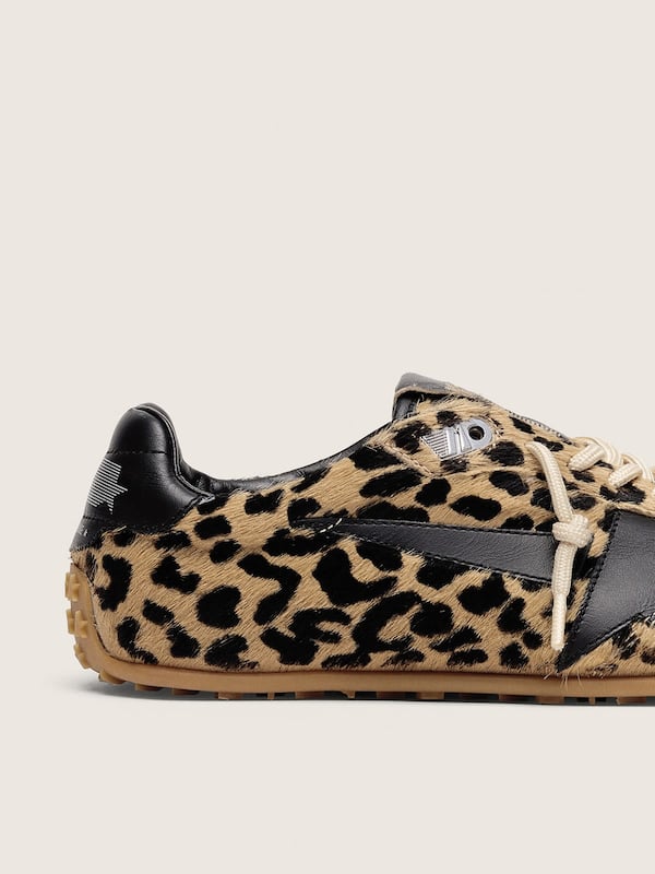 Golden Goose - Men's Marathon Speed in beige and black leopard-print pony skin with black leather star in 