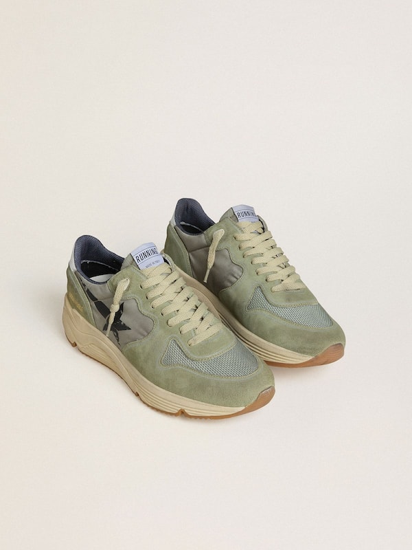 Men's Running Sole in sage-green nylon and suede with printed black star