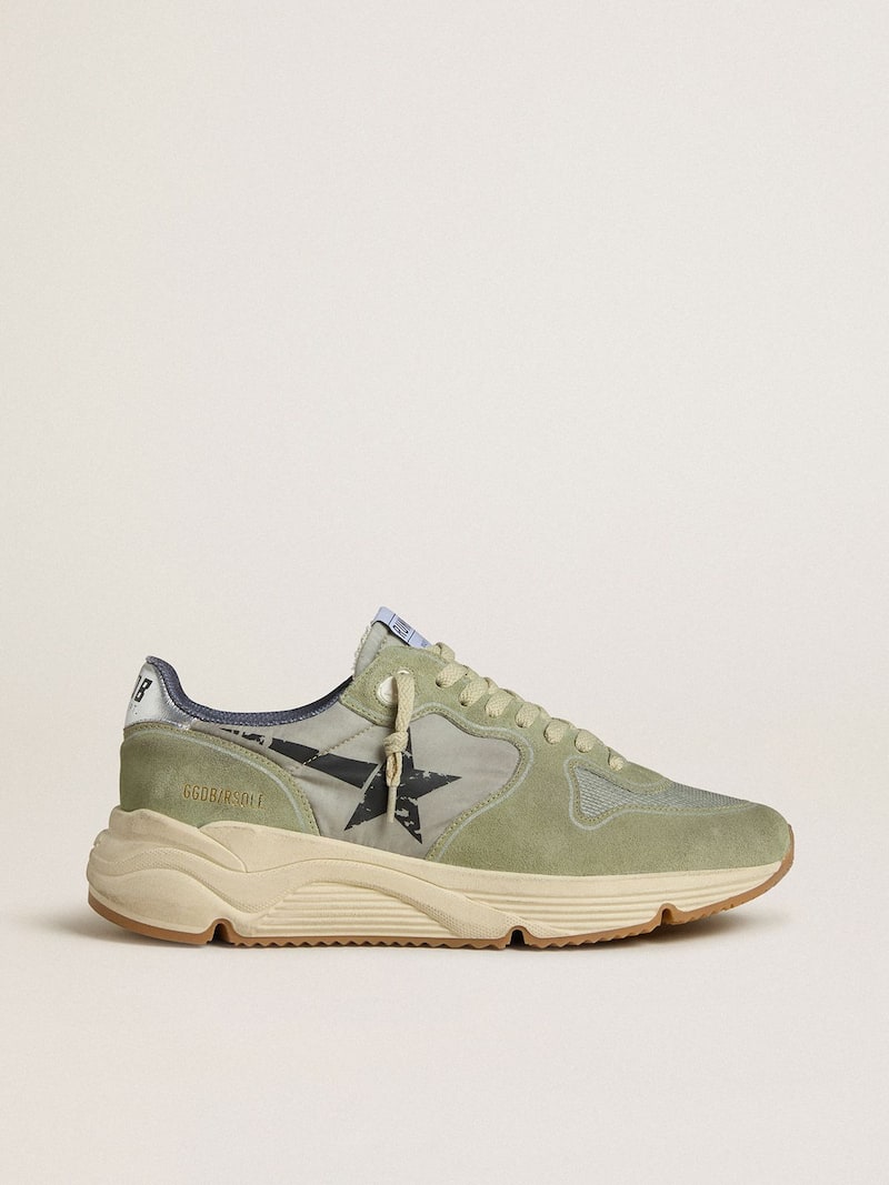 Men's Running Sole in sage-green nylon and suede with printed black star