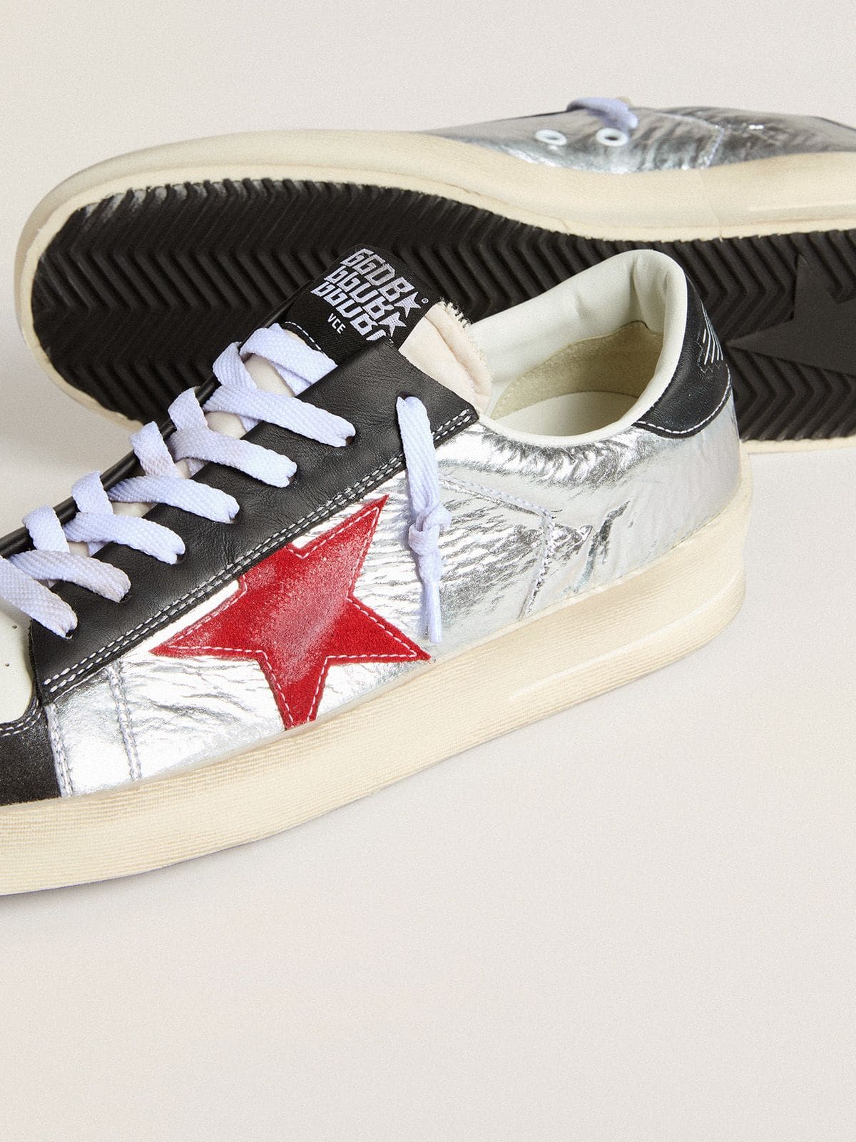 Golden Goose - Men’s Stardan in laminated silver nylon with burgundy suede star in 