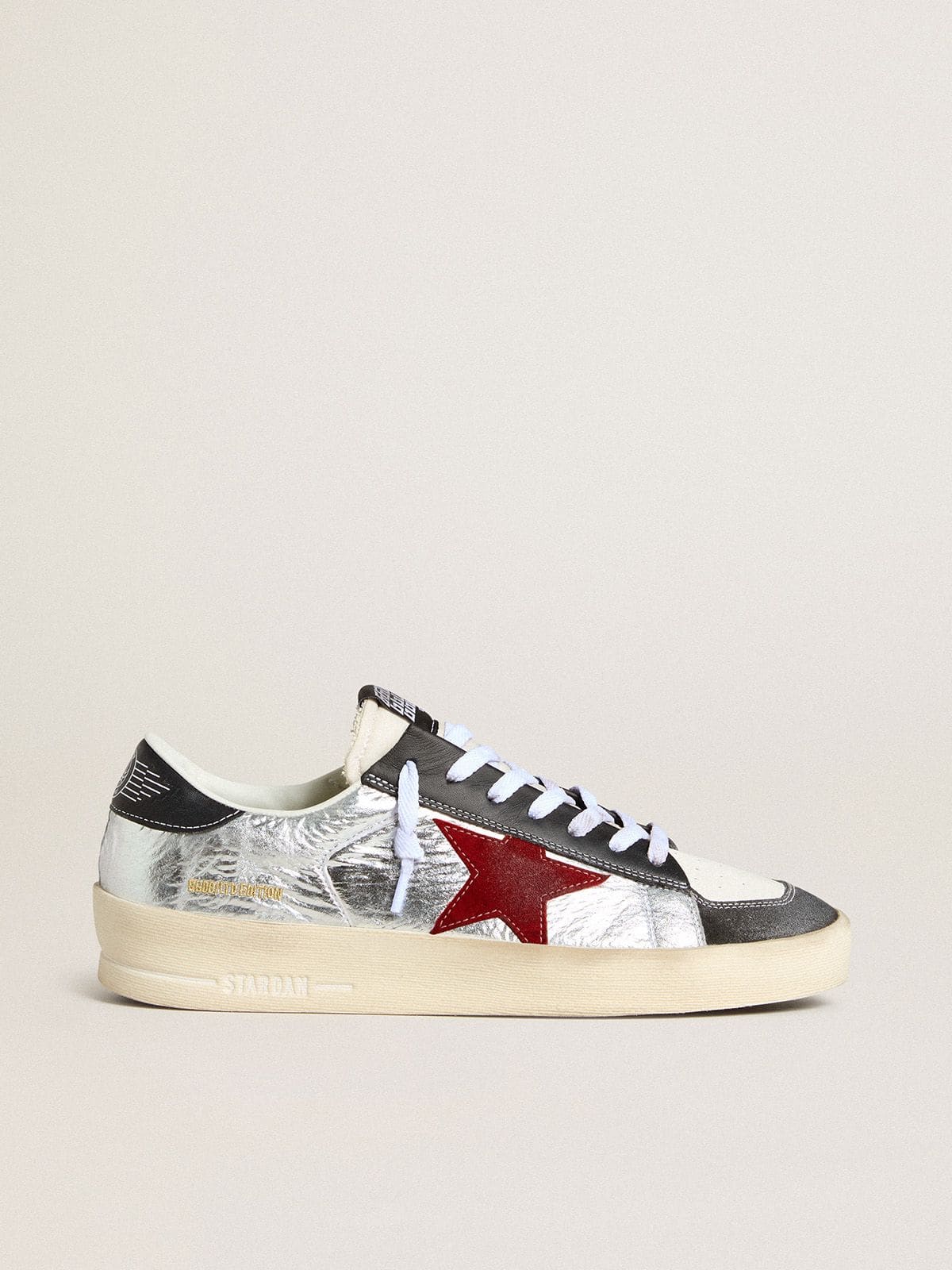 Golden Goose - Men’s Stardan in laminated silver nylon with burgundy suede star in 