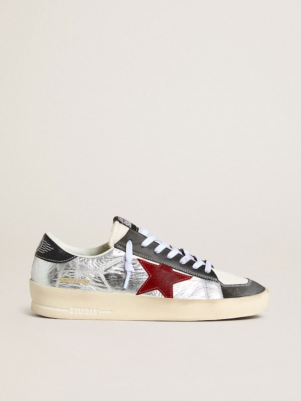 Golden Goose - Men’s Stardan in laminated silver nylon with burgundy suede star in 