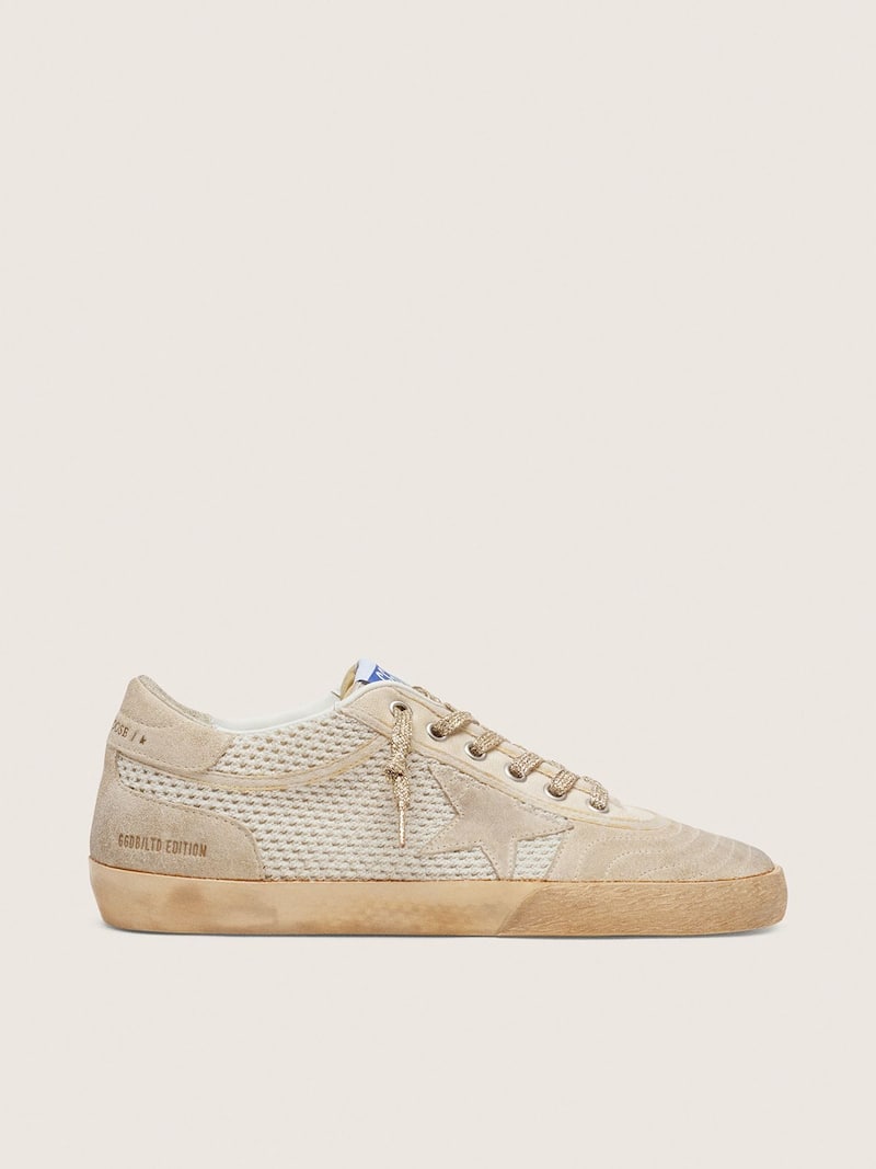 Men&rsquo;s white and beige Super-Star LAB in mesh and suede