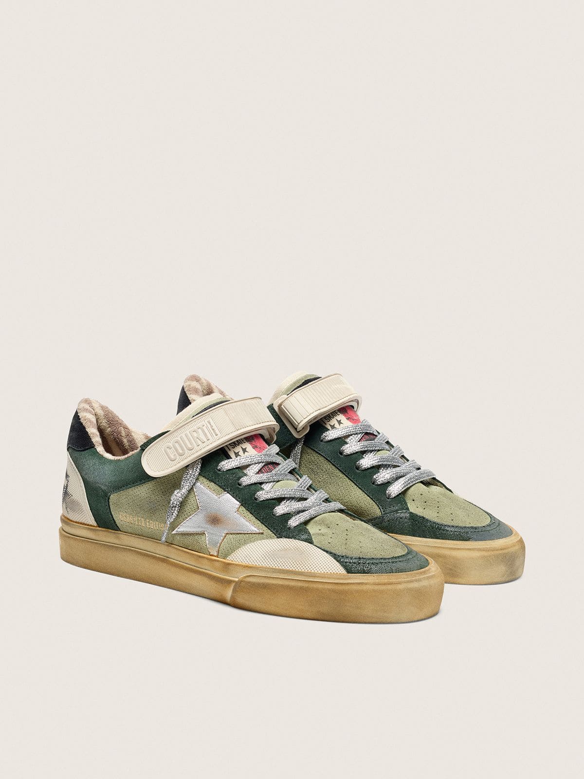 Golden Goose - Ball Star LAB pour homme en cuir velours vert avec &eacute;toile en cuir argent&eacute; et contrefort en cuir velours noir in 