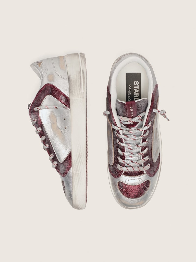 Golden Goose - Stardan LAB pour homme en cuir et paillettes bordeaux et argent&eacute;es in 