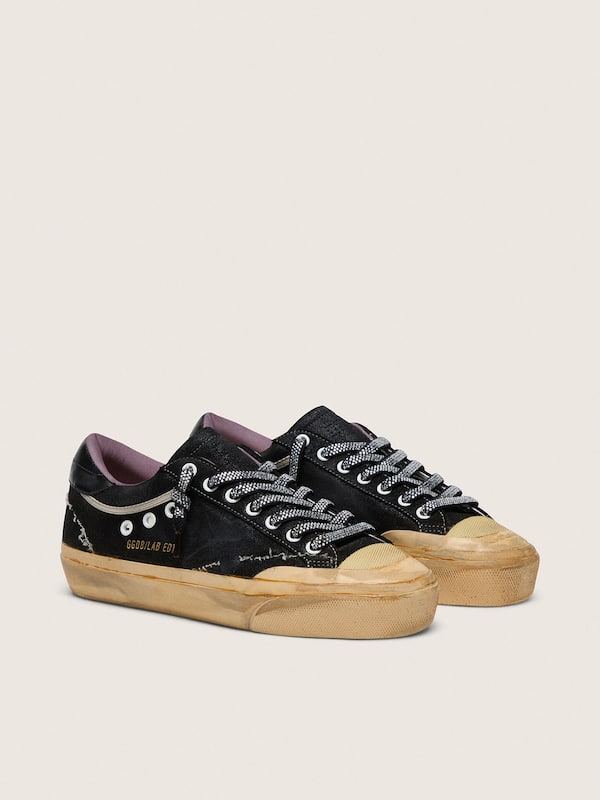 Men's Super-Star LAB in black laminated suede and nylon with raised star and laces with crystals