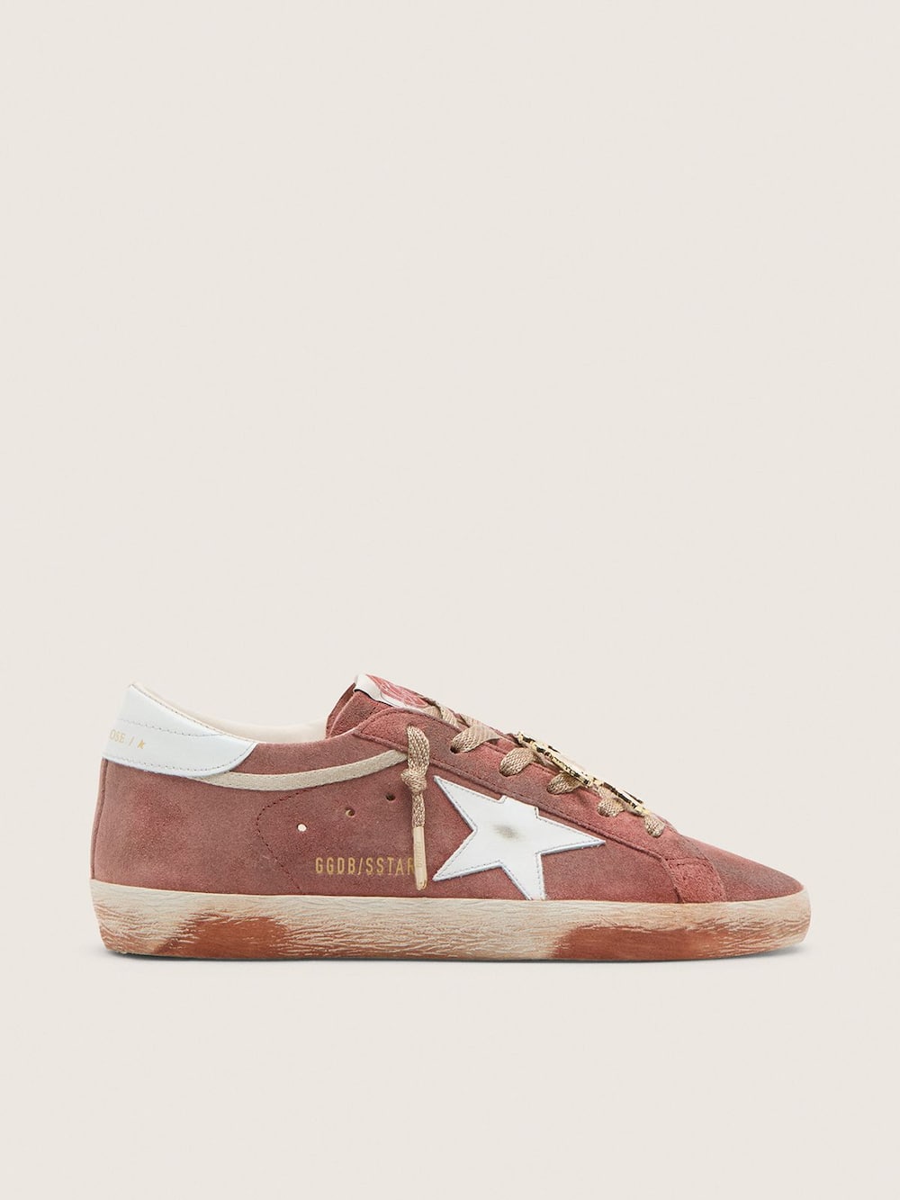 Super-Star homme en cuir velours rouille avec étoile en cuir lamé platine — Golden Goose