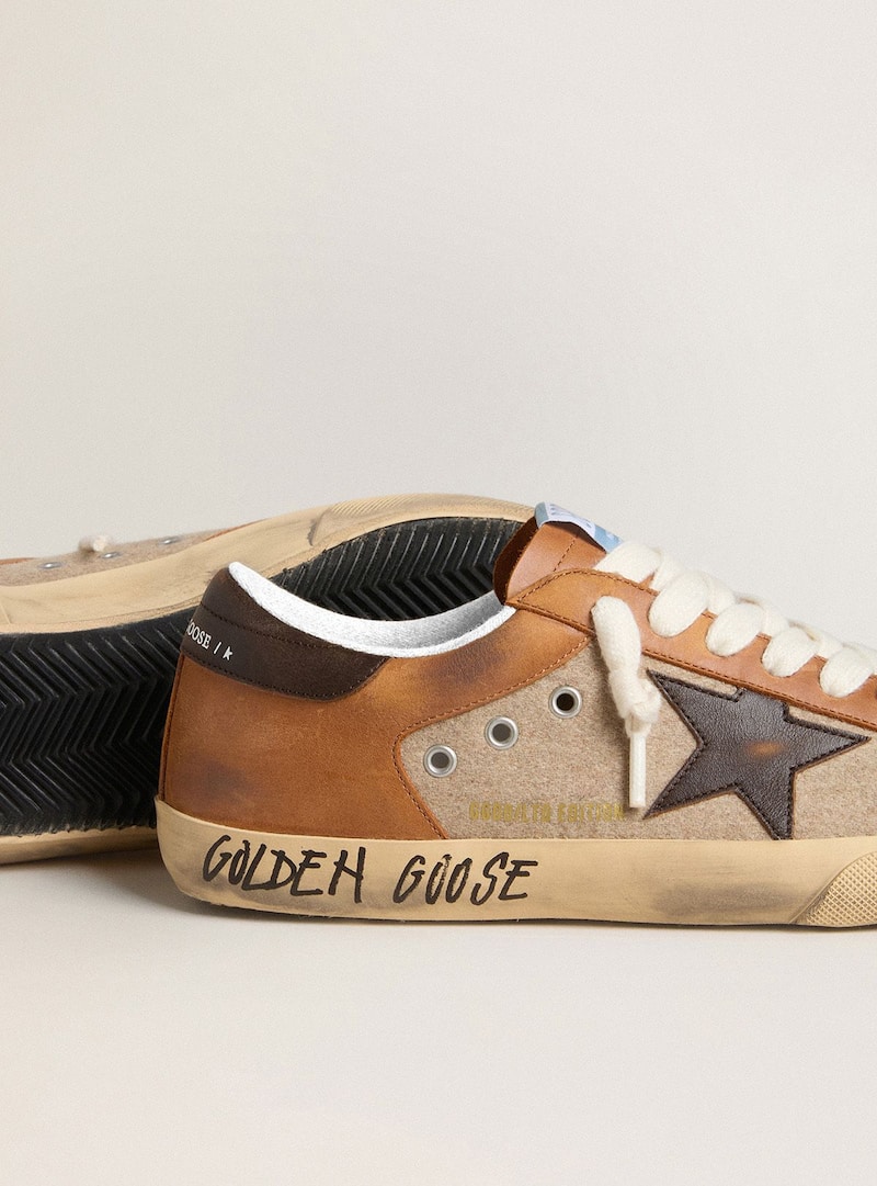 Golden Goose - Men's Super-Star LTD in beige wool with brown leather star and camel inserts in 
