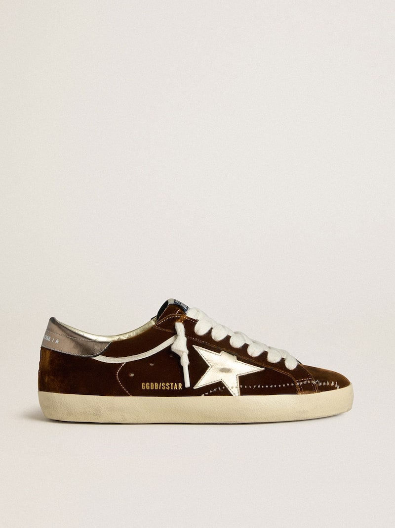 Men's Super-Star in cognac velvet with metallic leather star and heel tab