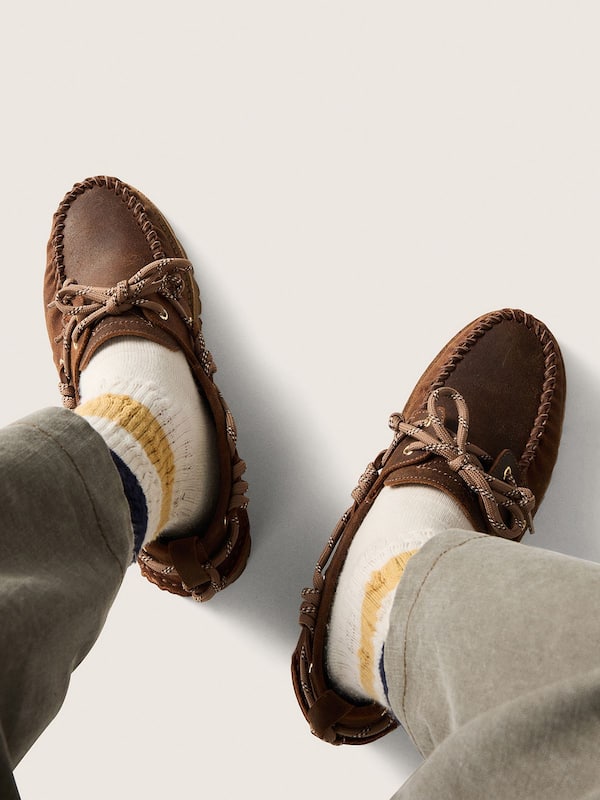 Men's Cruise loafers in brown waxed suede with dove gray hiking laces