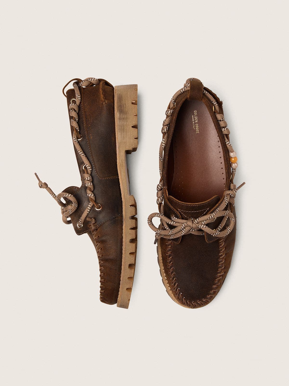 Golden Goose - Men's Cruise loafers in brown waxed suede with dove gray hiking laces in 