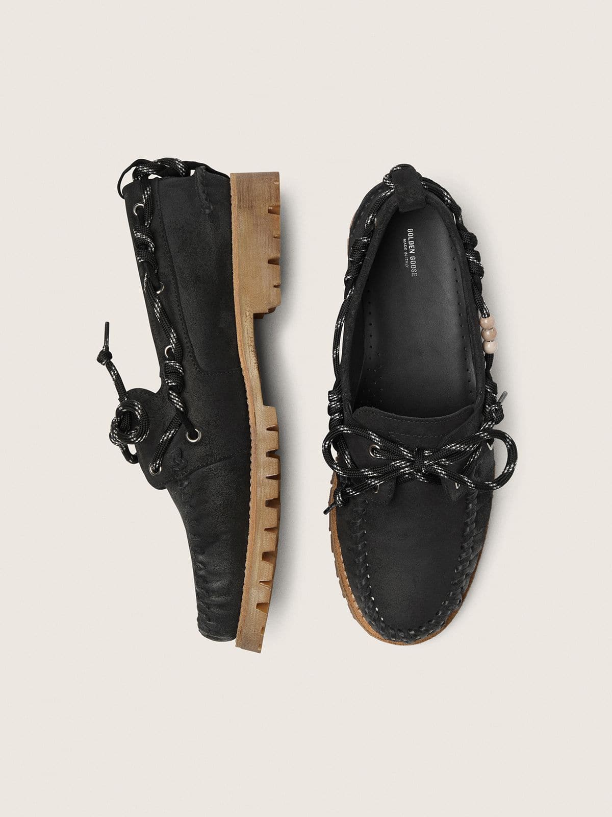 Golden Goose - 남성 블랙 하이킹 슈레이스 블랙 왁스 스웨이드 크루즈 로퍼 in 