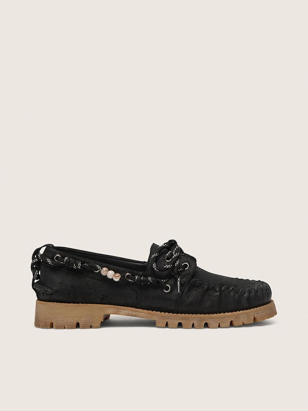Golden Goose - Mokassin Cruise Herren aus schwarzem gewachstem Suede mit schwarzen Trekkingsenkeln in 