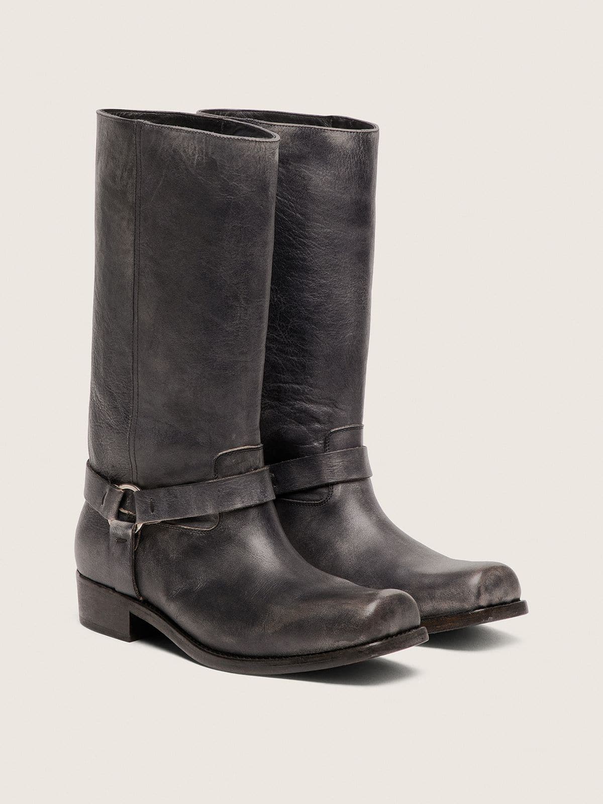 Golden Goose - Men's high Biker boots in black leather with strap and silver-colored buckle in 