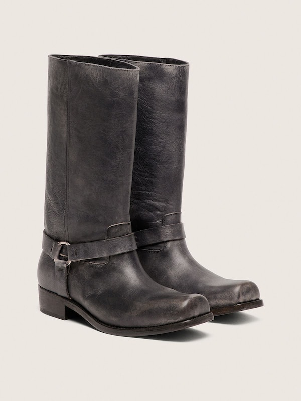 Men's high Biker boots in black leather with strap and silver-colored buckle