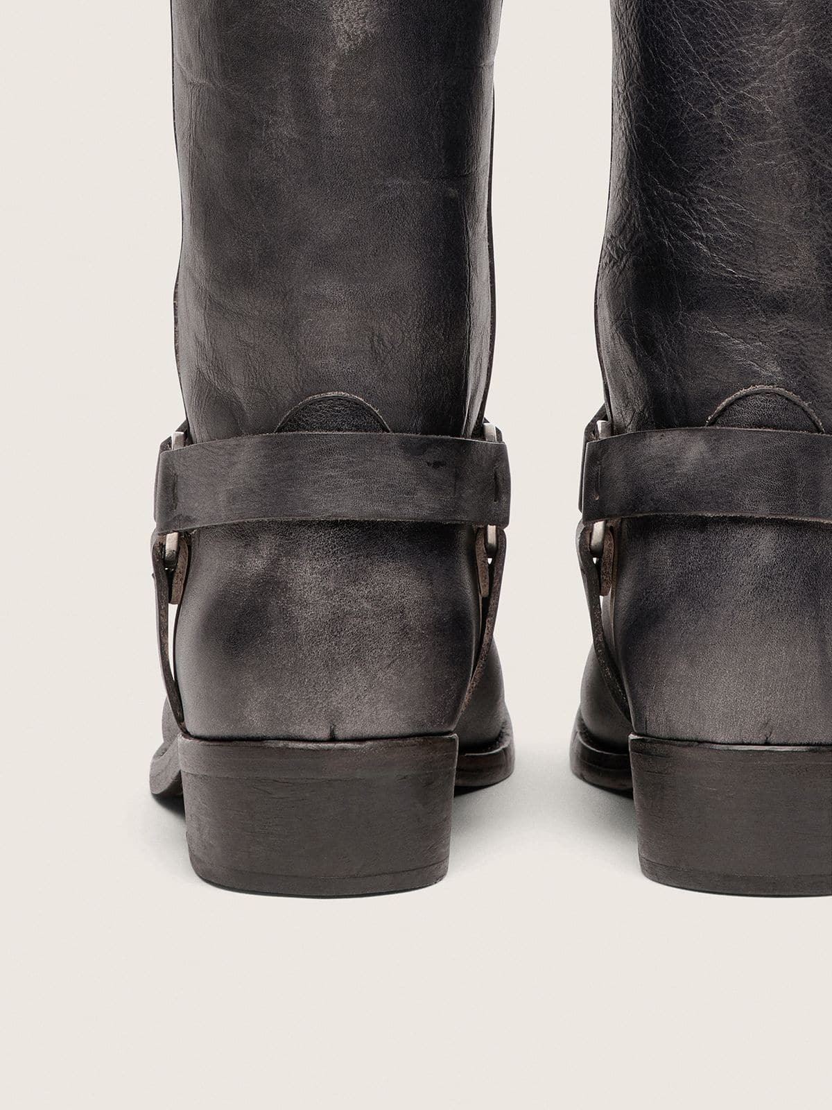 Golden Goose - Men's high Biker boots in black leather with strap and silver-colored buckle in 