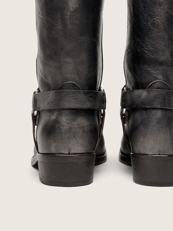 Golden Goose - Men's high Biker boots in black leather with strap and silver-colored buckle in 