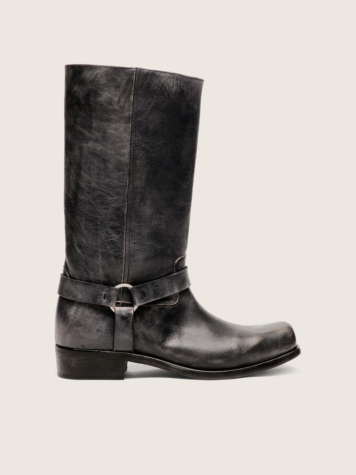 Bottes de motard montantes pour homme en cuir noir avec bride et boucle argentée — Golden Goose