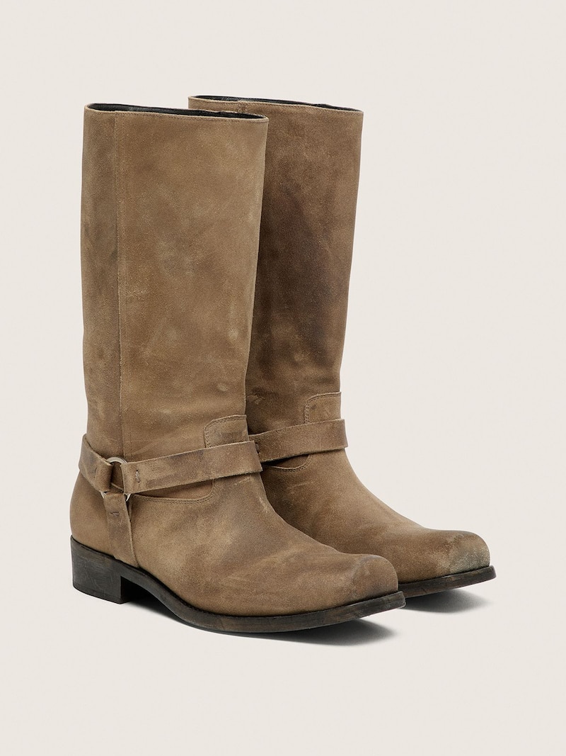 Golden Goose - Men's high Biker boots in dark beige waxed suede with strap and a silver-colored buckle in 