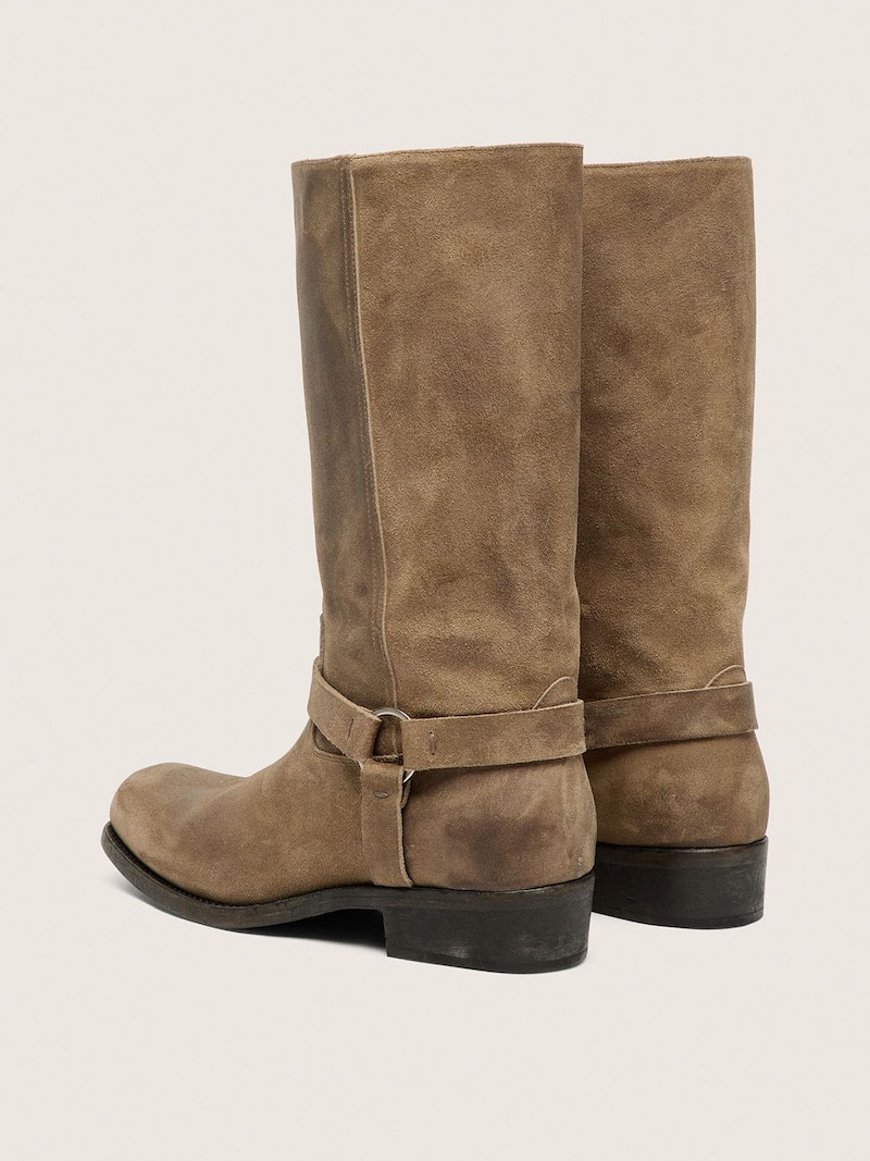 Golden Goose - Men's high Biker boots in dark beige waxed suede with strap and a silver-colored buckle in 
