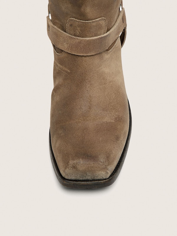 Golden Goose - Men's high Biker boots in dark beige waxed suede with strap and a silver-colored buckle in 