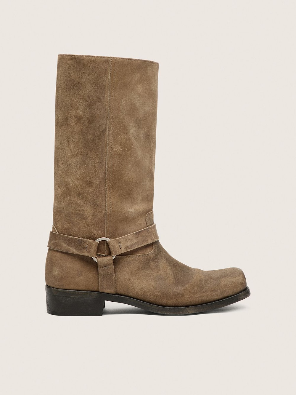 Bottes de motard montantes pour homme en cuir velours ciré beige foncé avec bride et boucle argentée — Golden Goose