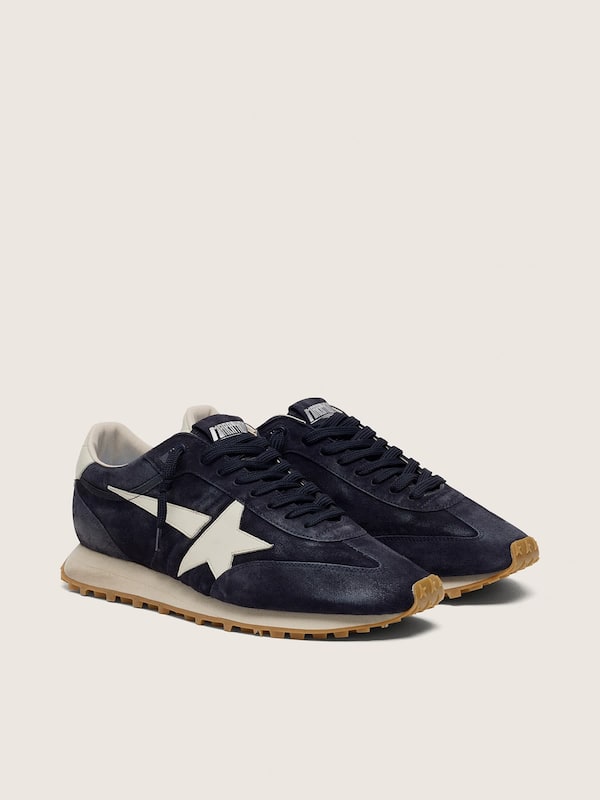 Men&rsquo;s Marathon in black suede with white leather star and heel tab