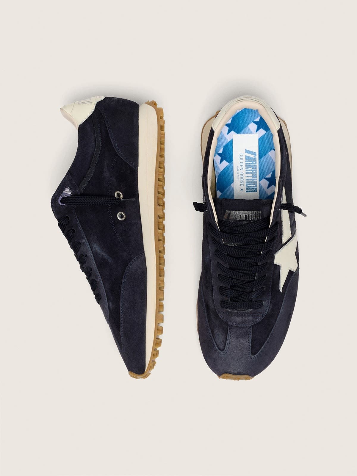 Men&rsquo;s Marathon in black suede with white leather star and heel tab