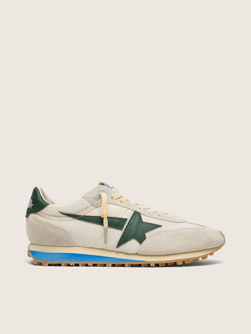 Golden Goose Marathon de hombre de ante y malla gris claro con estrella verde Marathon grey man