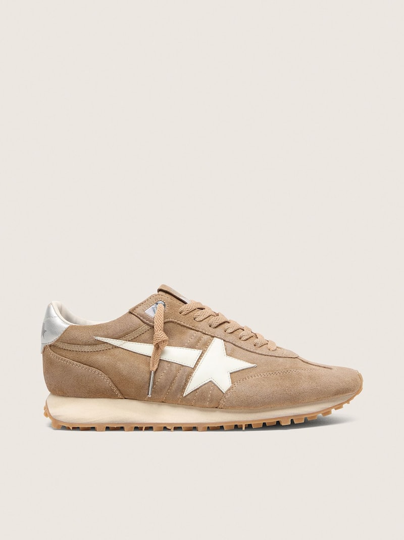 Marathon homme en cuir velours tabac avec &eacute;toile blanche