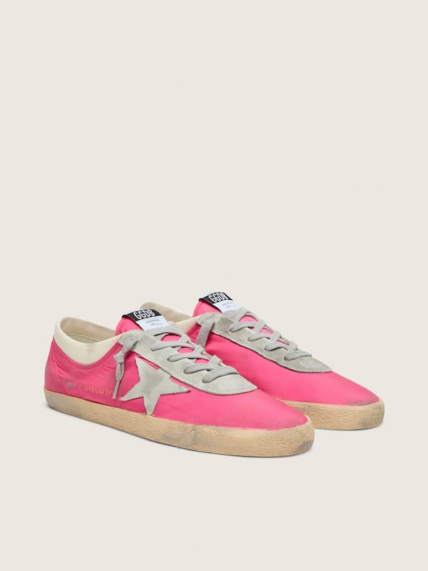 Men&rsquo;s Super-Star in neon pink nylon with light gray suede star