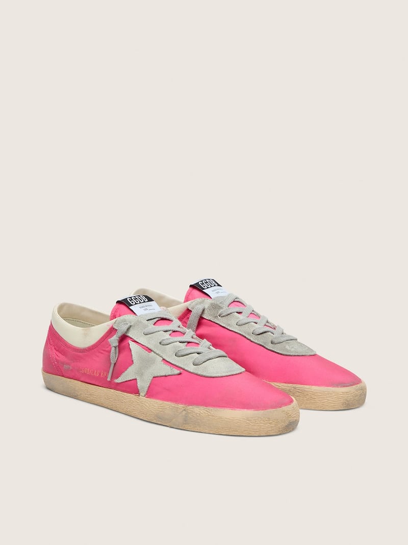 Golden Goose - Super-Star homme en nylon rose fluo avec &eacute;toile en cuir velours gris clair in 