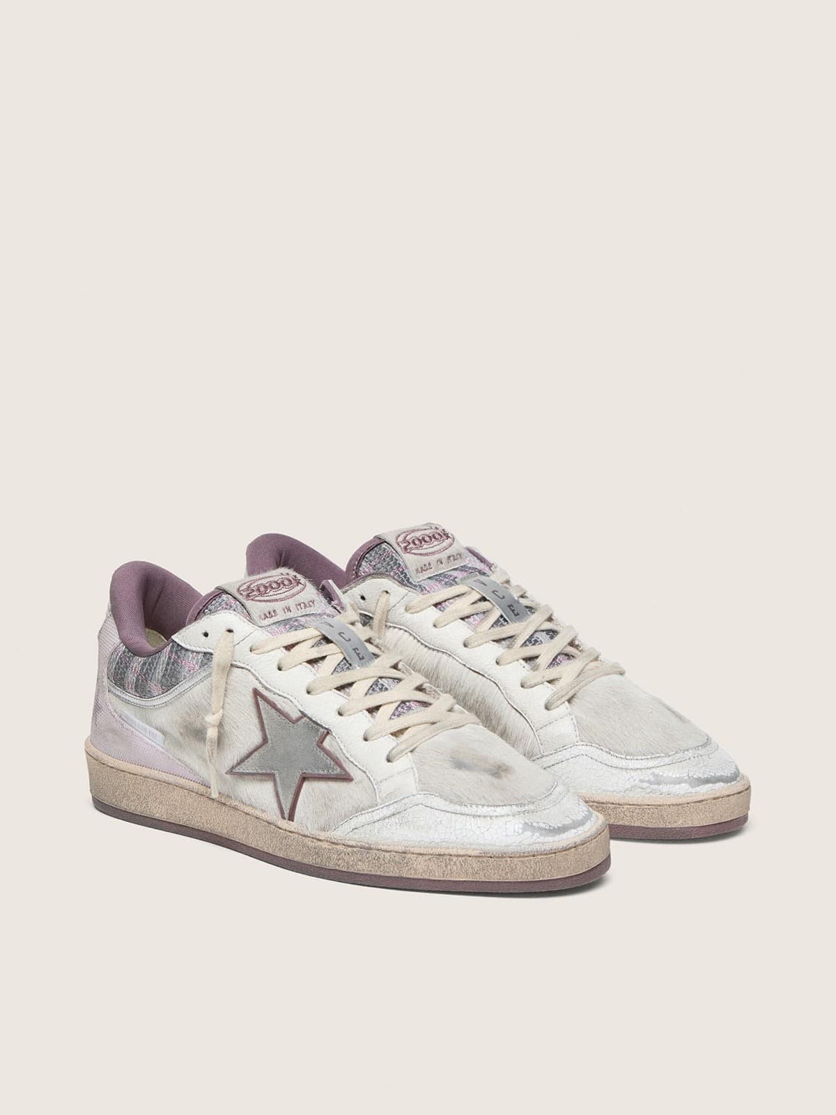 Golden Goose - Ball Star LAB uomo in nylon e cavallino bianco con stella argento e inserti lilla in 