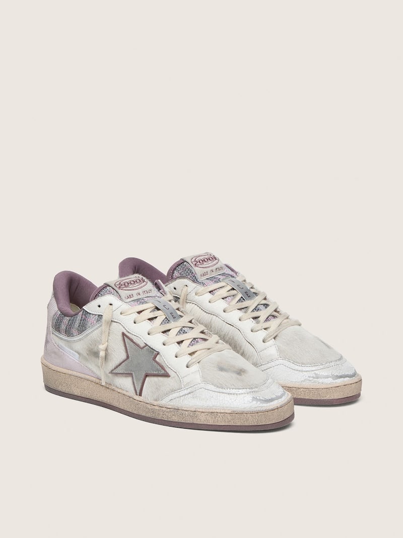 Golden Goose - Ball Star LAB homme en nylon et cuir fa&ccedil;on poulain blanc avec &eacute;toile argent&eacute;e et empi&egrave;cements lilas in 