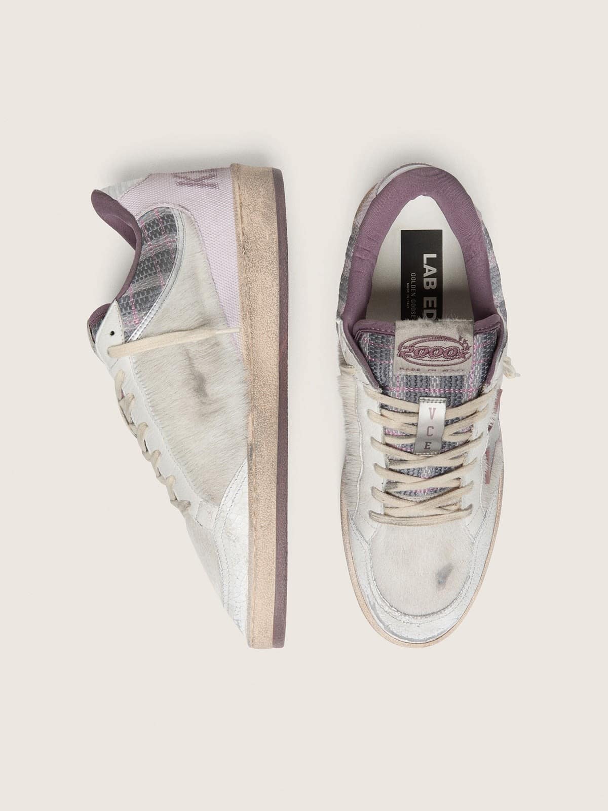 Golden Goose - Ball Star LAB uomo in nylon e cavallino bianco con stella argento e inserti lilla in 