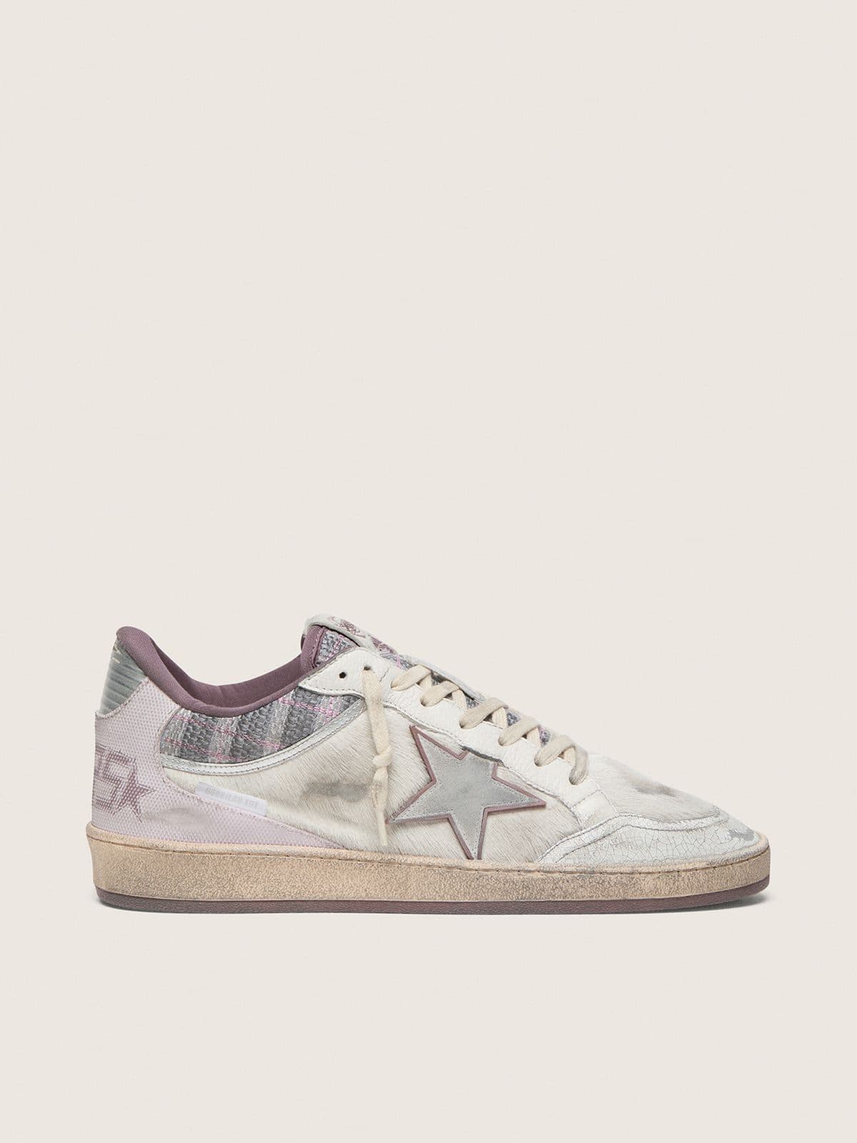 Golden Goose - Ball Star LAB uomo in nylon e cavallino bianco con stella argento e inserti lilla in 
