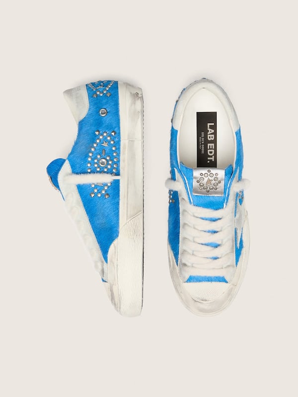 Men&rsquo;s Super-Star LAB in bright blue pony skin with suede star and studs