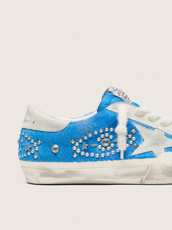Golden Goose - Super-Star uomo LAB in cavallino bluette con stella suede e borchie in 