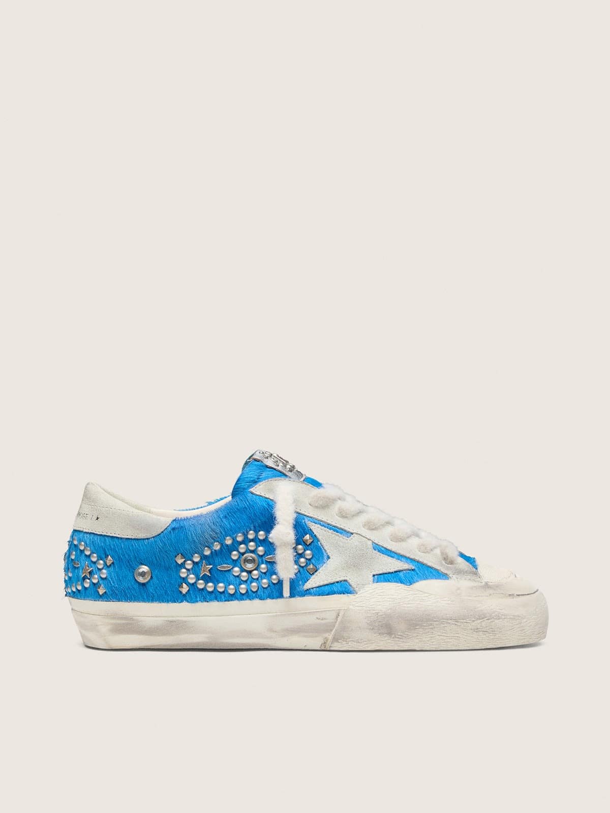 Golden Goose - Super-Star masculino LAB de couro cavalinho azul com estrela de suede e tachas in 
