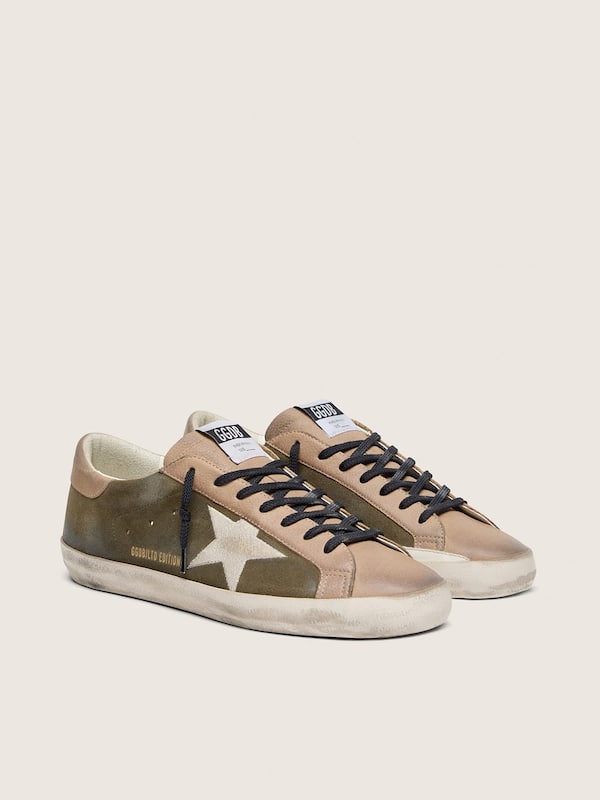 Golden Goose - Men&rsquo;s Super-Star LTD in olive-green suede with cream embroidered star in 