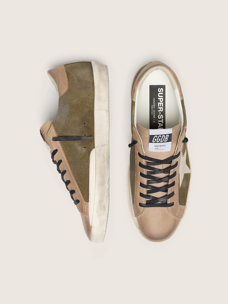 Golden Goose - Super-Star LTD pour homme en cuir velours vert olive avec &eacute;toile brod&eacute;e cr&egrave;me in 