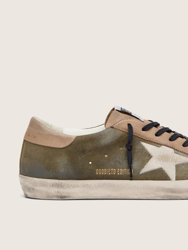 Golden Goose - Men&rsquo;s Super-Star LTD in olive-green suede with cream embroidered star in 