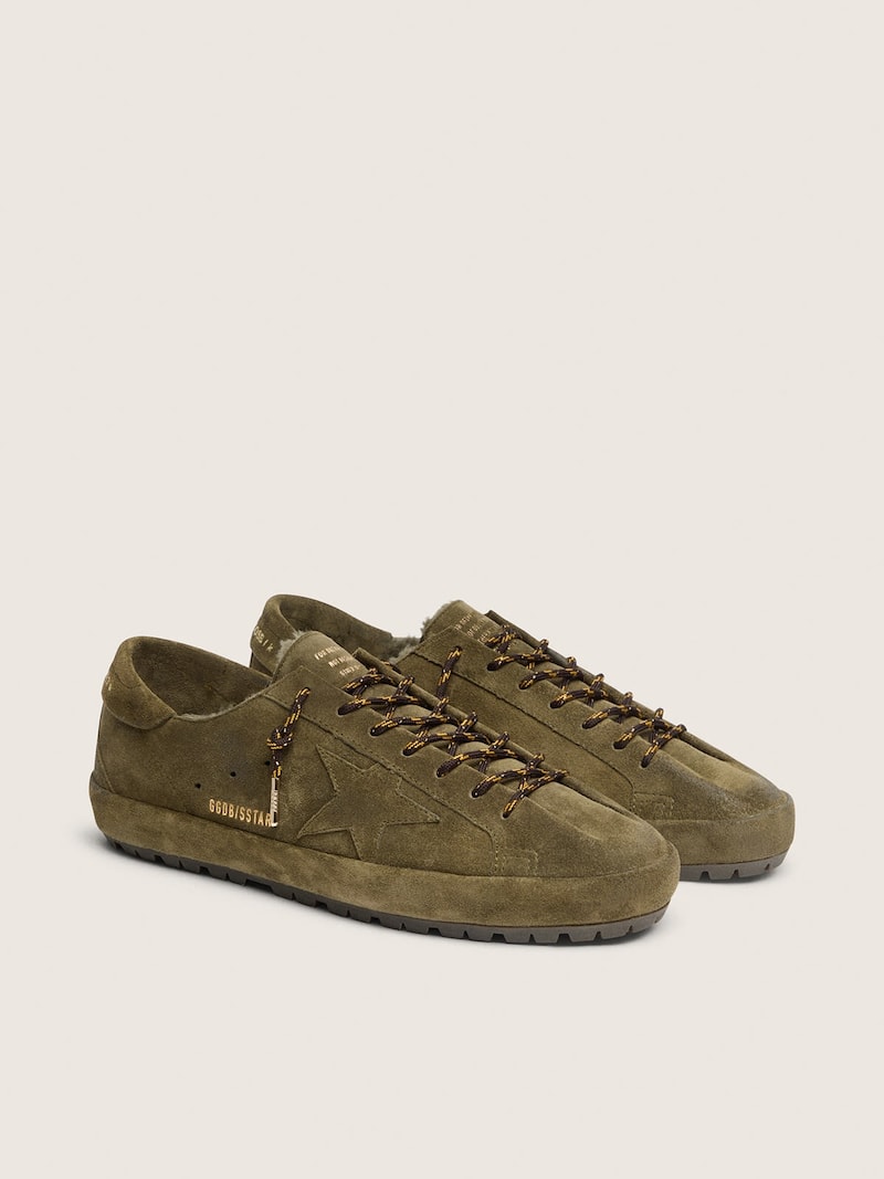 Golden Goose - Men&rsquo;s Super-Star in olive suede with matching star and shearling lining in 