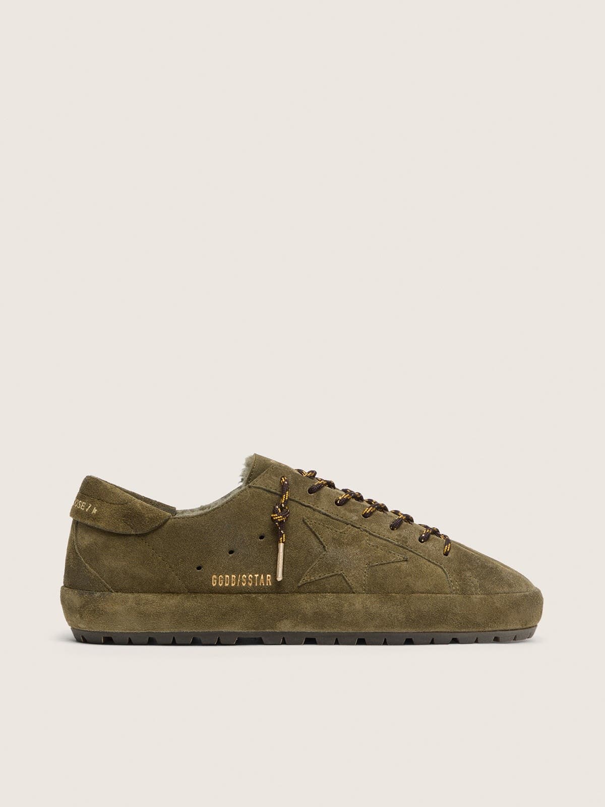 Golden Goose Men&rsquo;s Super-Star in olive suede with matching star and shearling lining Super-Star green man