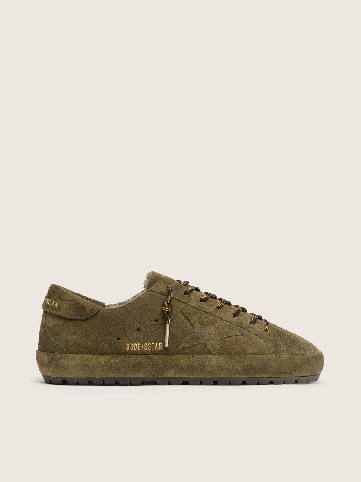 men’s super-star in olive suede with matching star and shearling lining