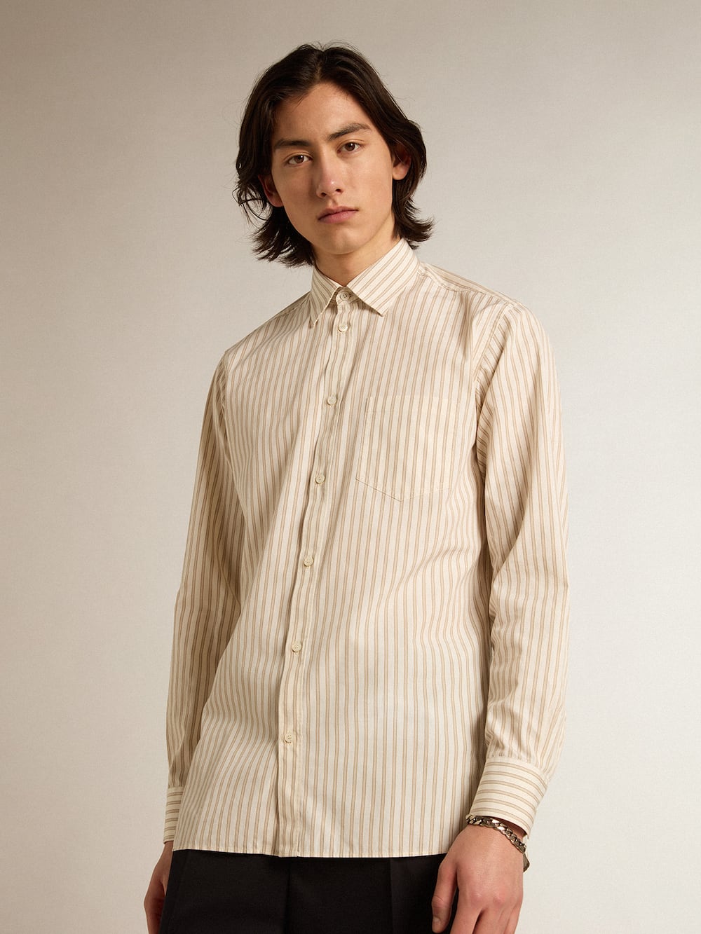 Golden Goose - Men’s white cotton shirt with beige stripes in 
